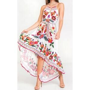 Flying Tomato floral boho halter hi-low open back dress Large women's